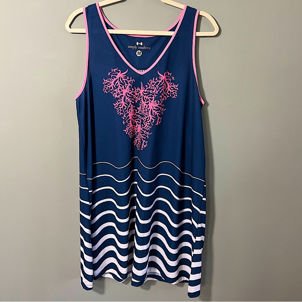 Simply Southern Coral Reef Wave Navy Summer Swing Sleeveless Dress, Medium